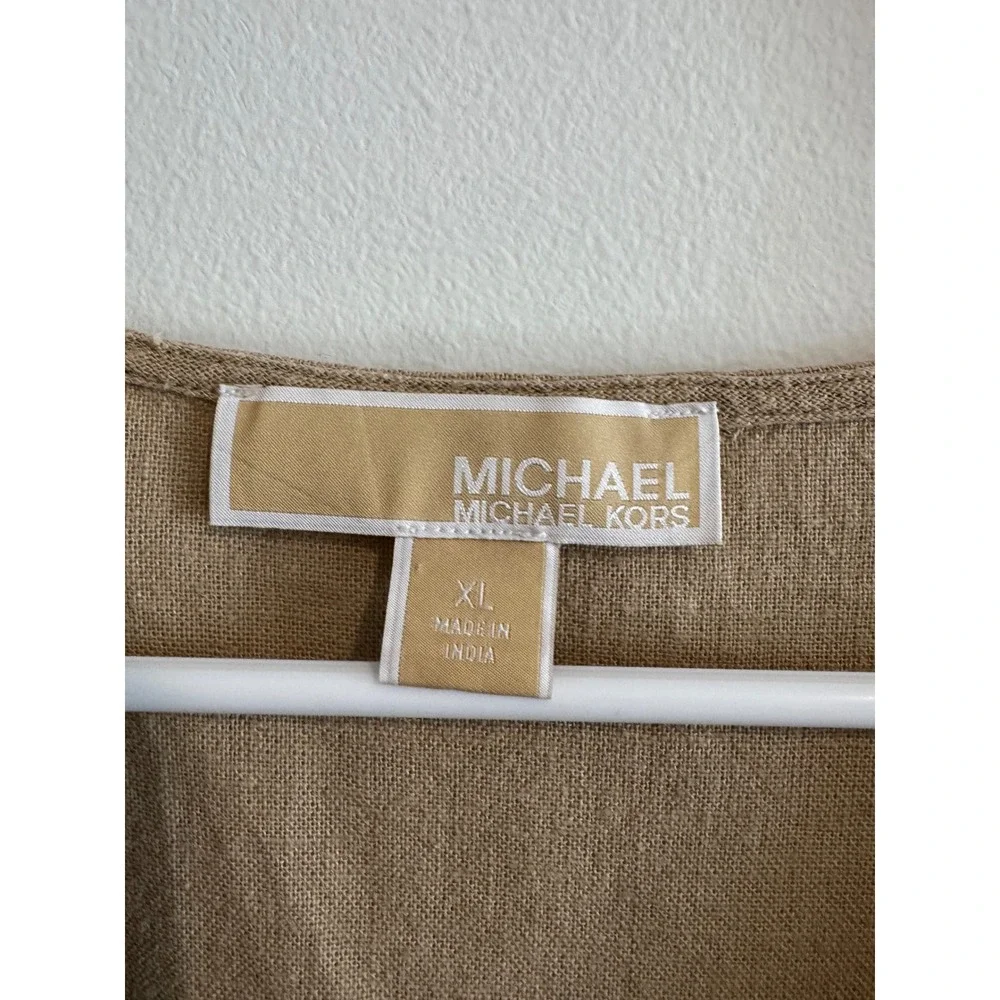 Michael‎ Kors V-Neck Buckle Blouse Womens XL Tan Short Puff Sleeve